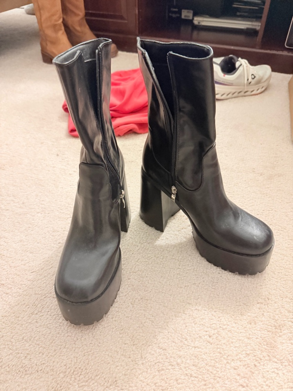 Princess Polly Black Platform Mid-Calf Zip Heeled Boots